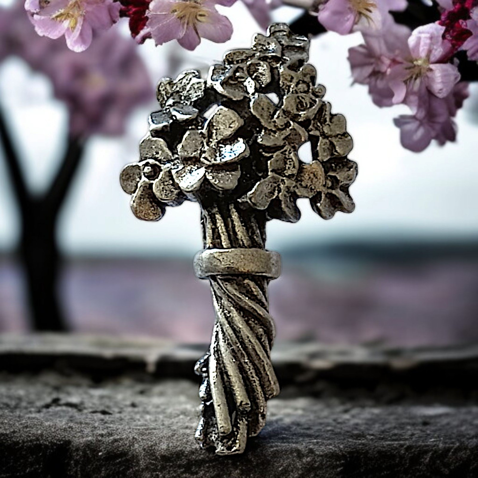 Jim Clift Bouquet Of Flowers Pewter Lapel Pin Tie Tack Brooch Vintage Cottage