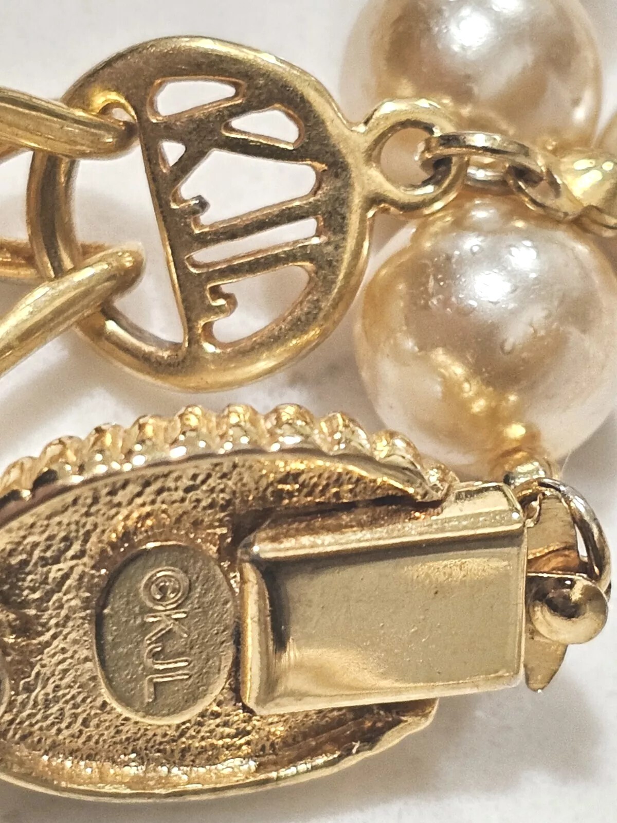 Kenneth J Lane Vintage Signed Faux Pearl Gold Filled Necklace with Bracelet Set