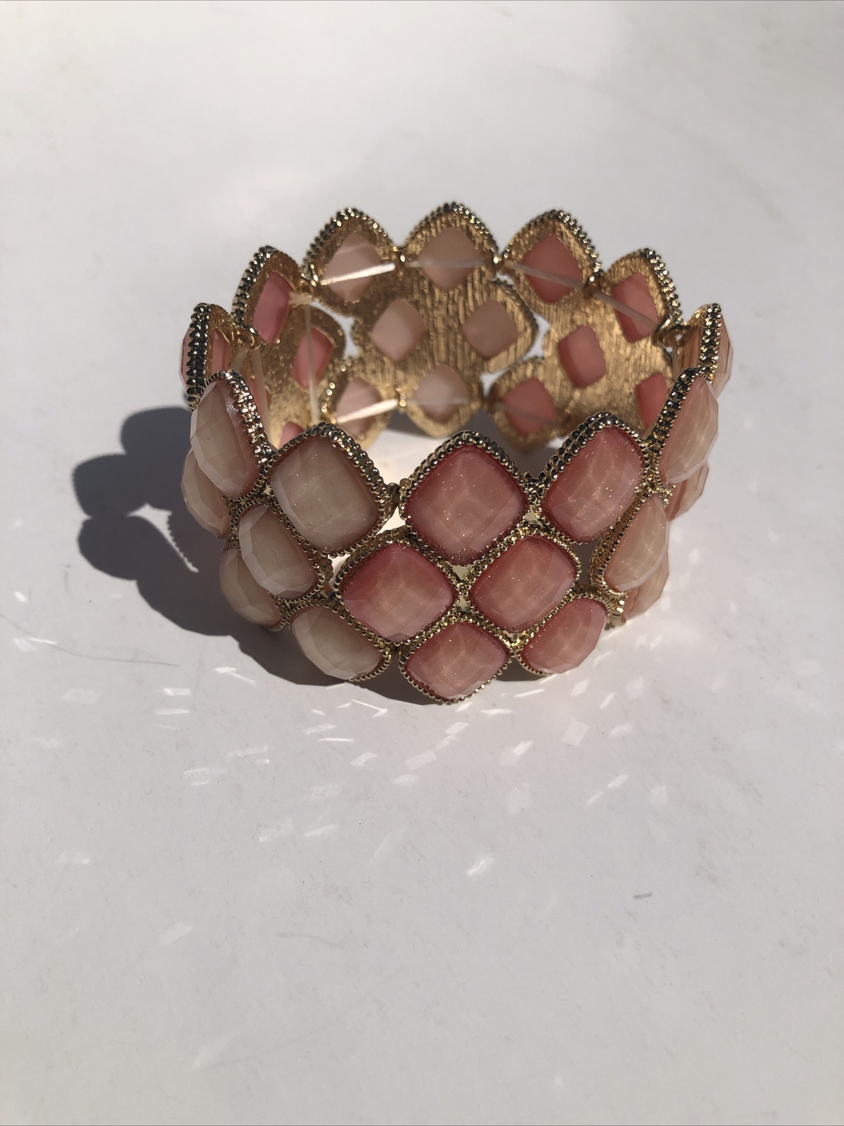 Pink Stone Stretch Cuff Bracelet Gold Tone Statement Piece Costume Jewelry