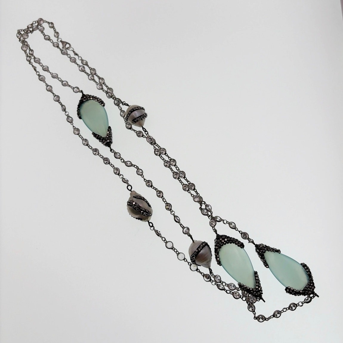 Sterling Silver Necklace Chalcedony Charms and Fresh Water Pearls 40”