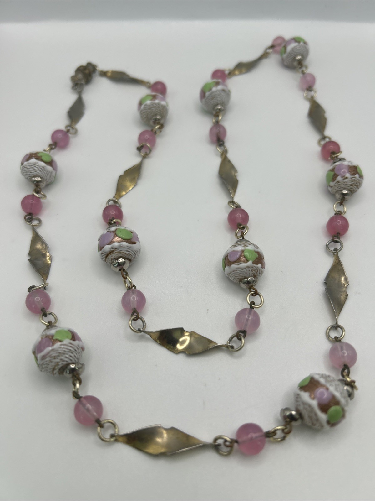 Venetian Italy Latticino Necklace Pink Green Purple White Gold Tone 1920’s VTG