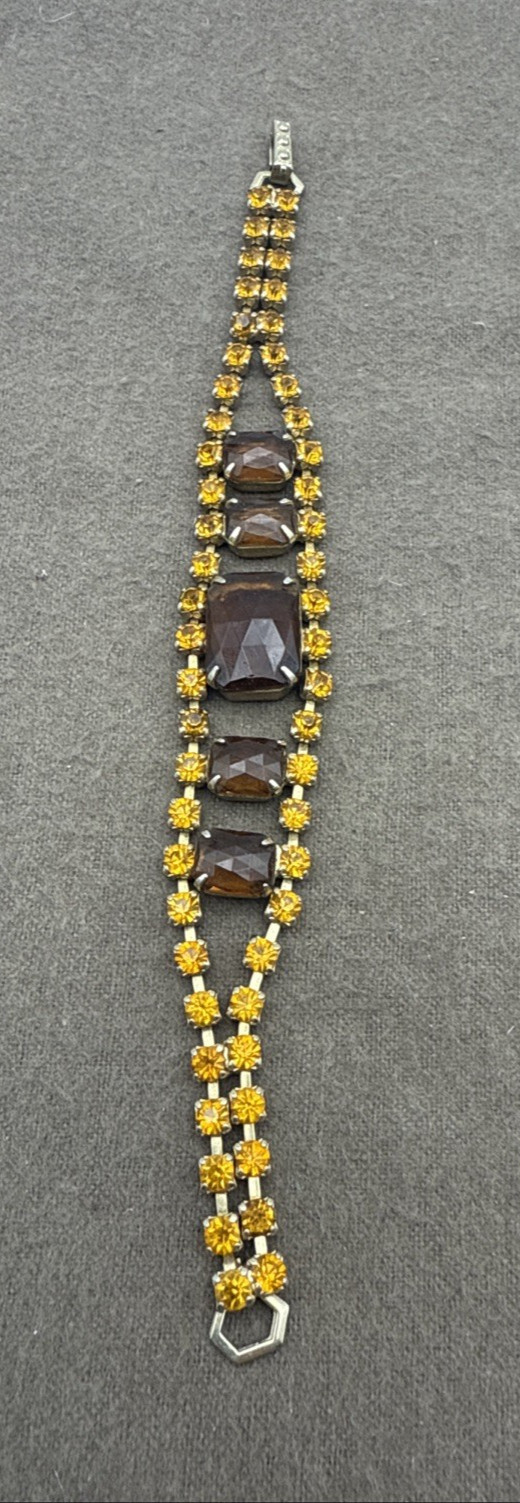 Vintage Honey And Amber Rhinestone 7.5” Bracelet Gold Tone