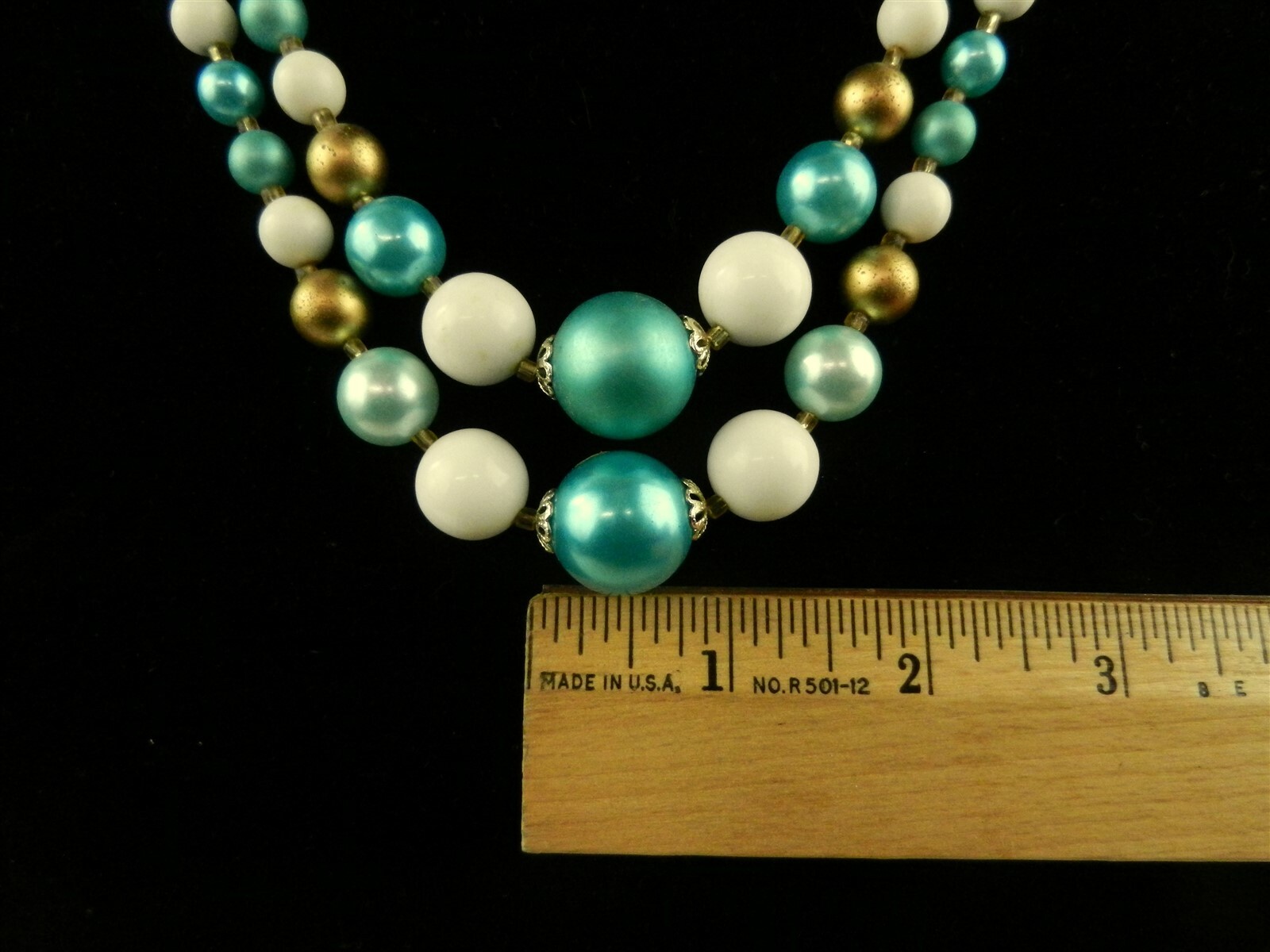 Vtg Double Strand Necklace w/Earrings Teal/White/Gold Japan 1960’s Clip-on S04B
