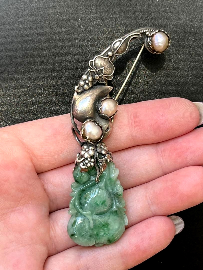 Estate Vtg Chinese Export Carved Green Jadeite Jade 925 Sterling Silver Brooch