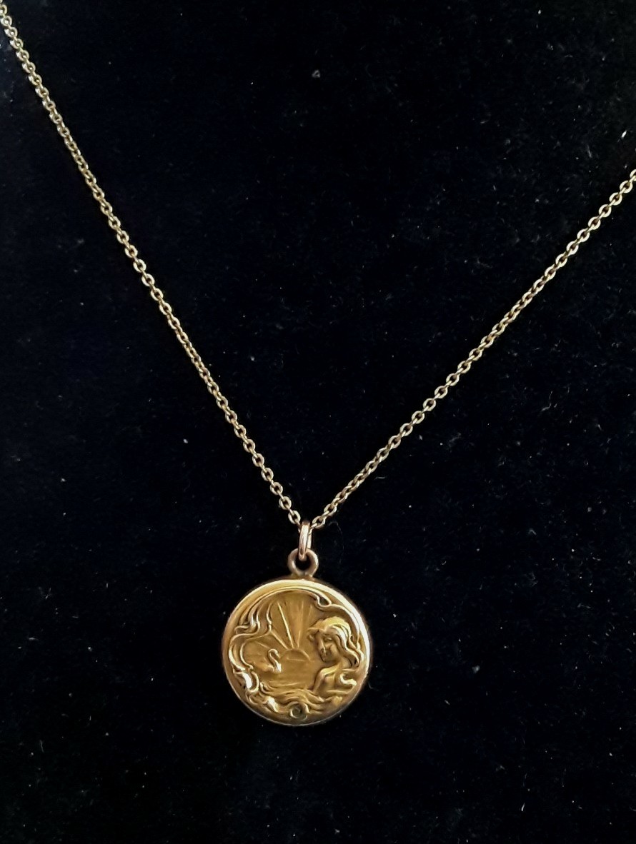 Art Nouveau Lady Locket Pendant & Chain Goddess Swan Rising Sun Gold Filled C&QR