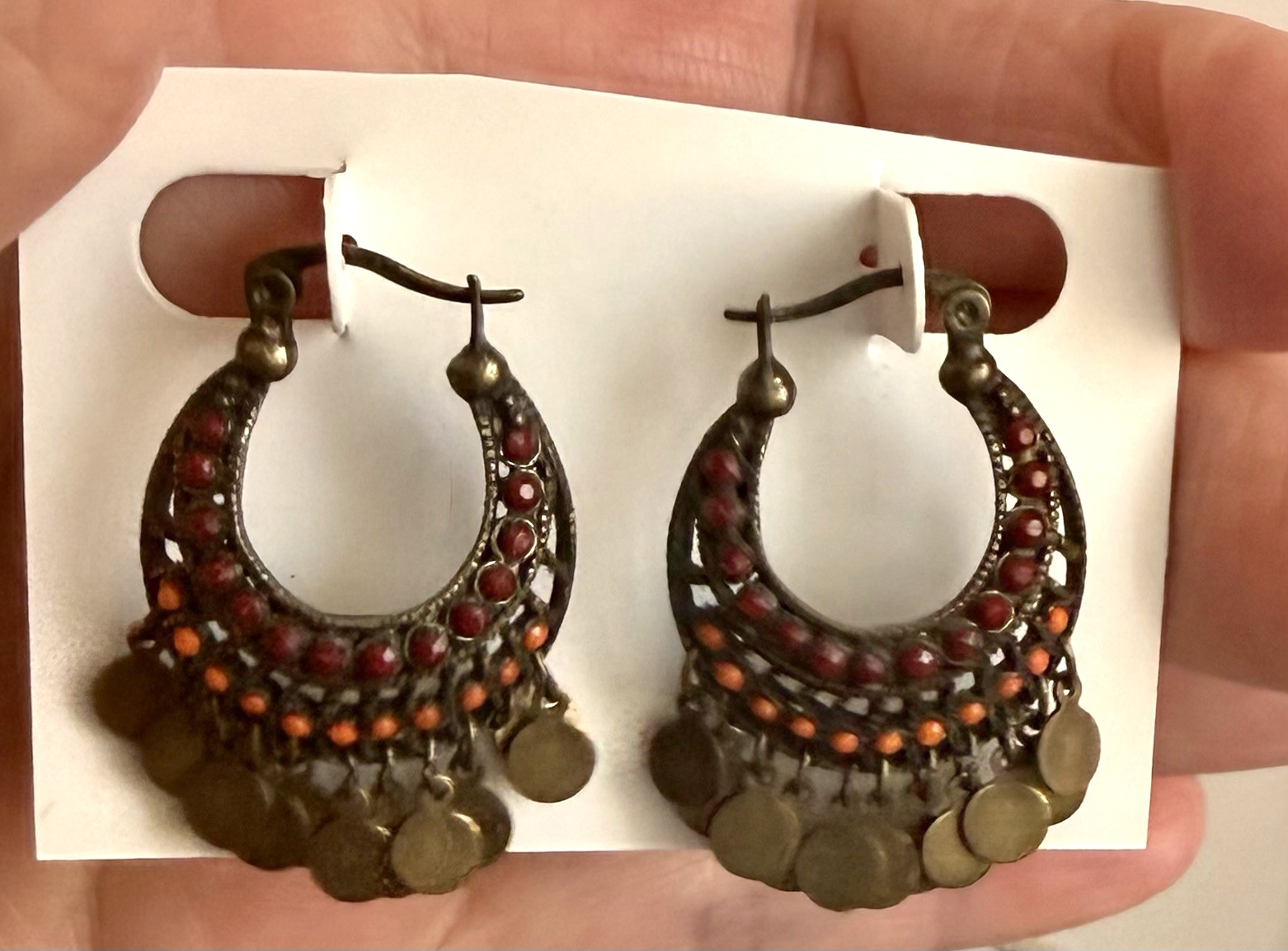 Vintage Gypsy Boho Bronze Hoop Dangle Hanging Pierced Earrings Red Orange Stones