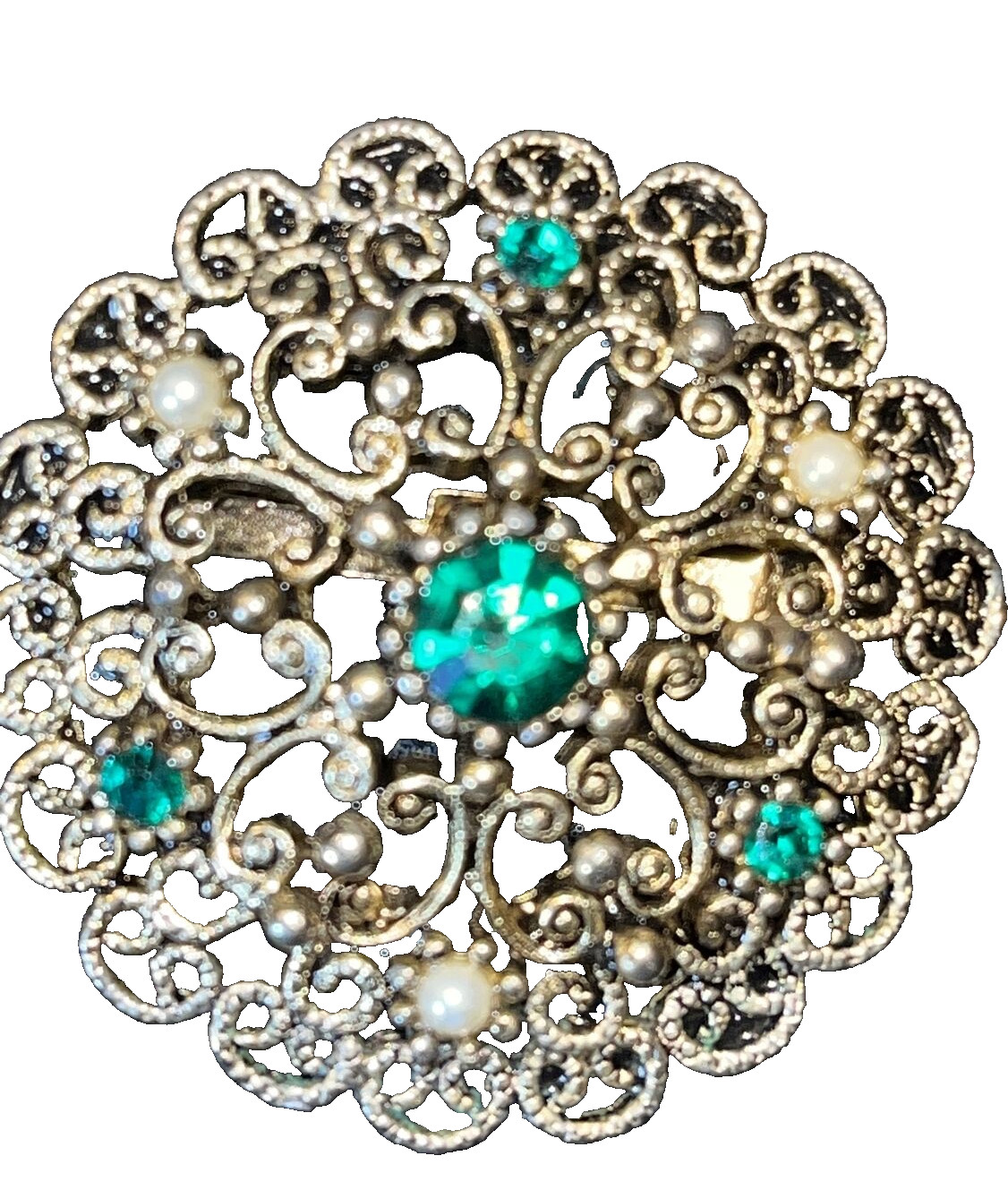VTG Unbranded Brooch GoldTone Faux Emerald Green Rhinestone & Pearl 1 1/2″