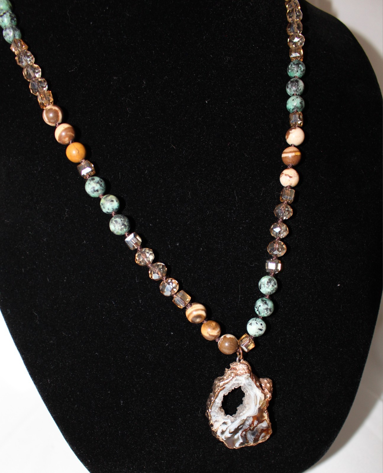 Estate Vintage Boho Necklace Crystal Druzy Brown Natural Stone Earthy Colors