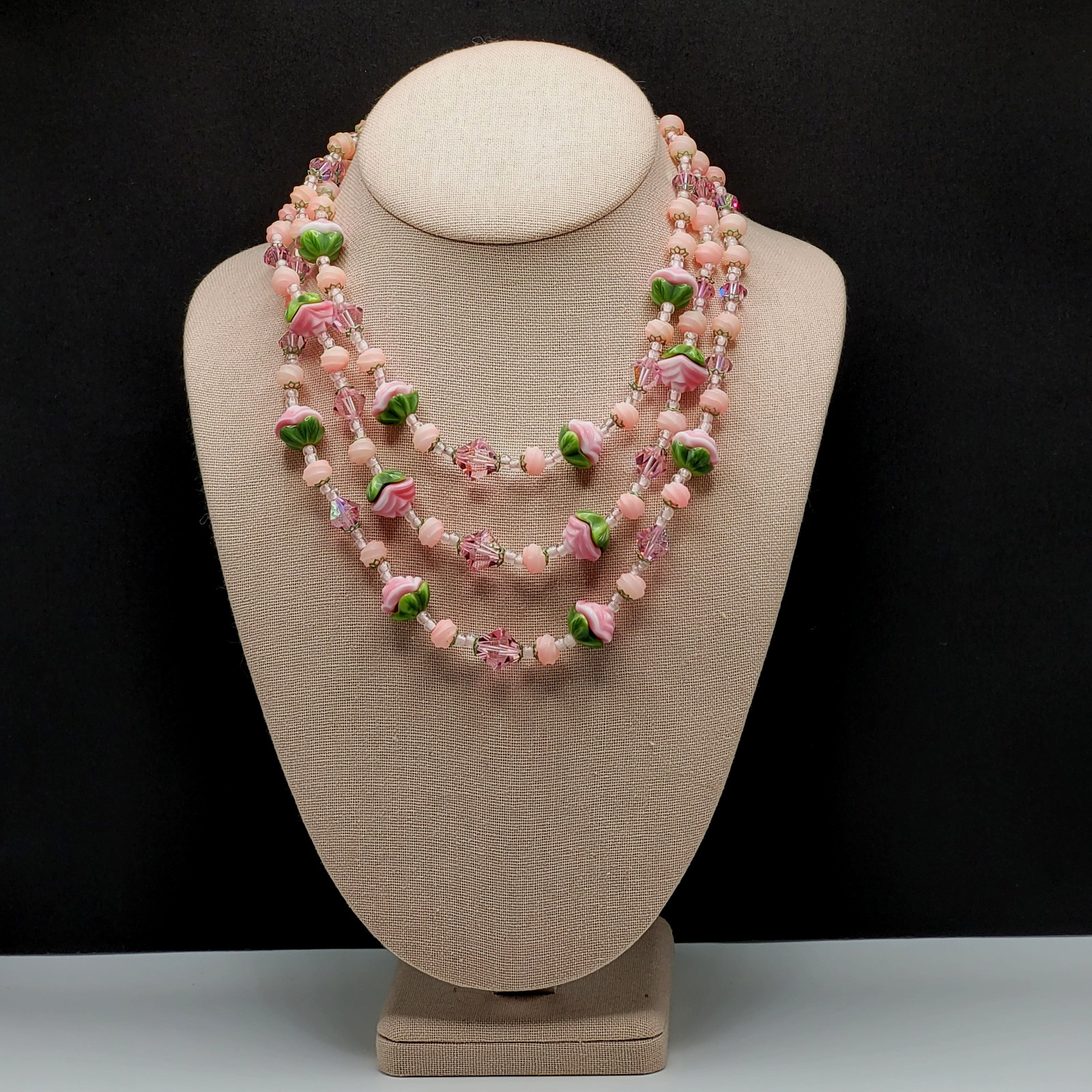 Triple Strand Glass Pink Rosette Green Bottom Rosebuds Bicone Crystal Necklace
