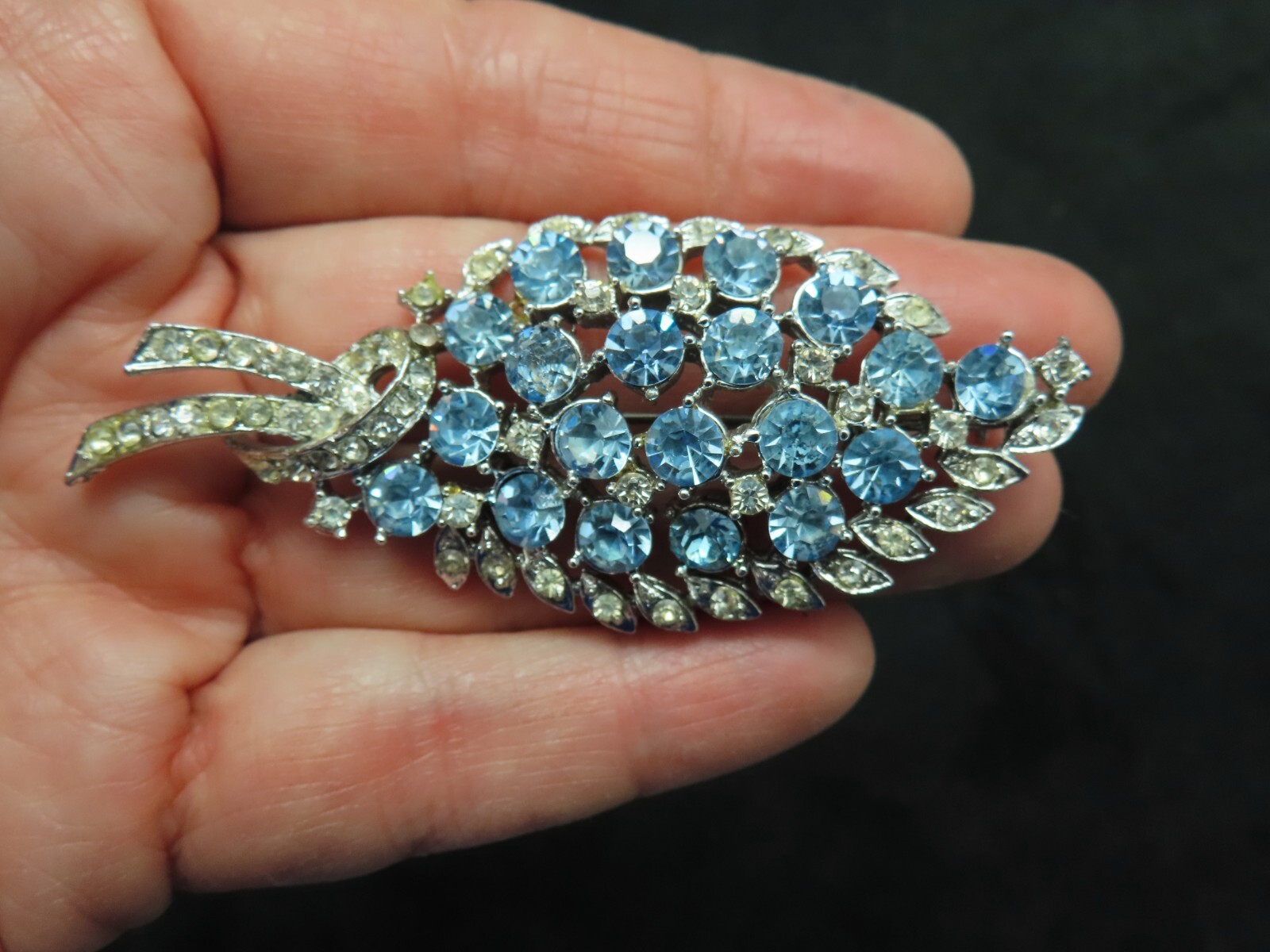 Vintage 1950’s CORO Baby Blue & White Rhinestone Leaf Brooch