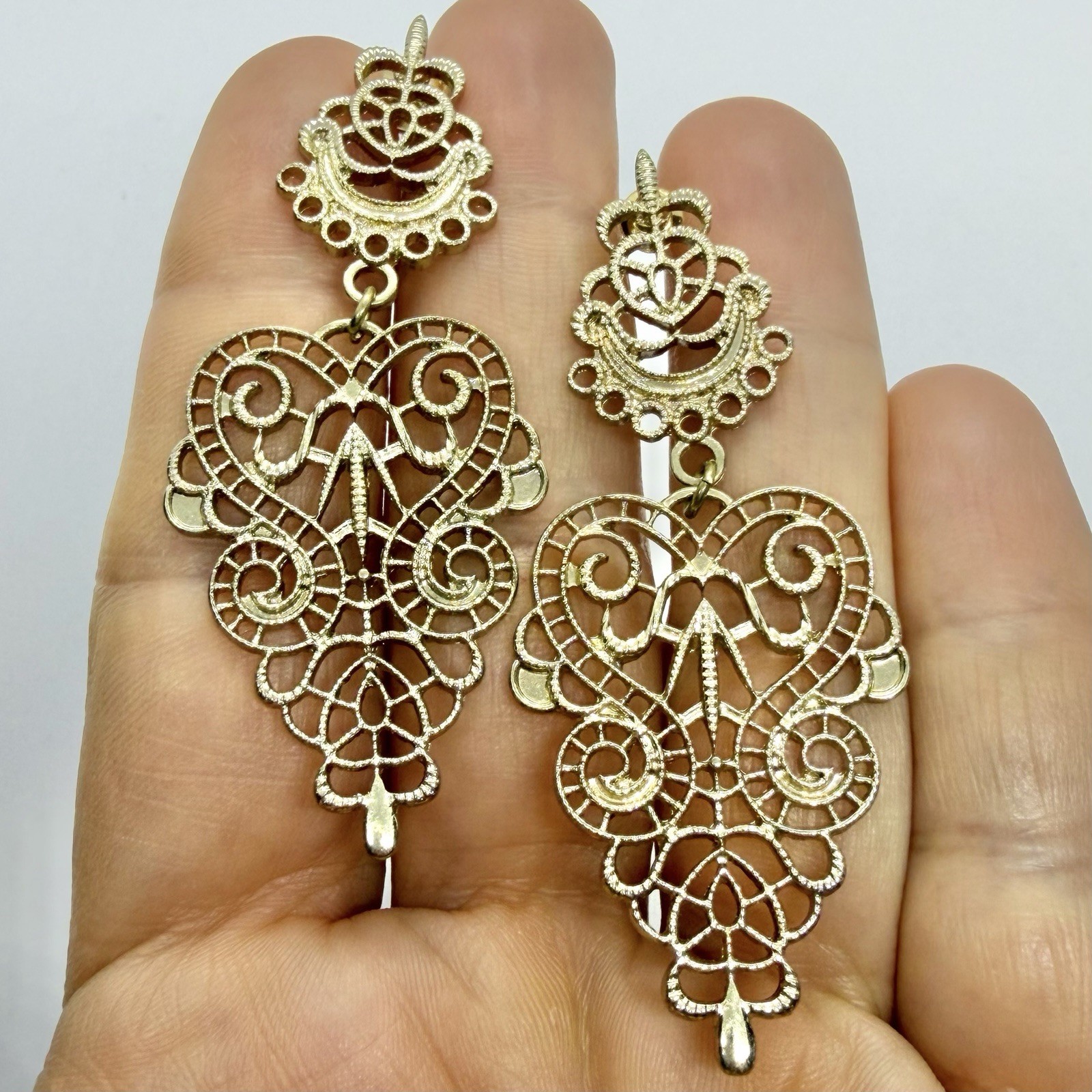 Vtg Large Victorian Revival Goldtone Drop Statement Earrings Post Dangle