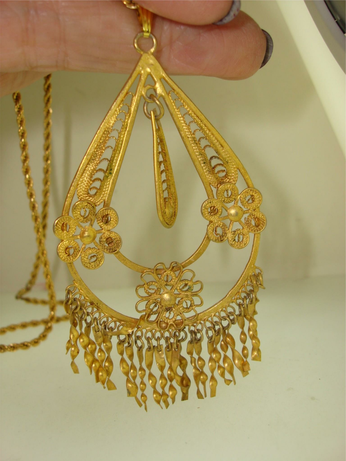 RARE VINTAGE GOLD WASHED CANNETILLE SPUN SILVER FILIGREE PENDANT NECKLACE!