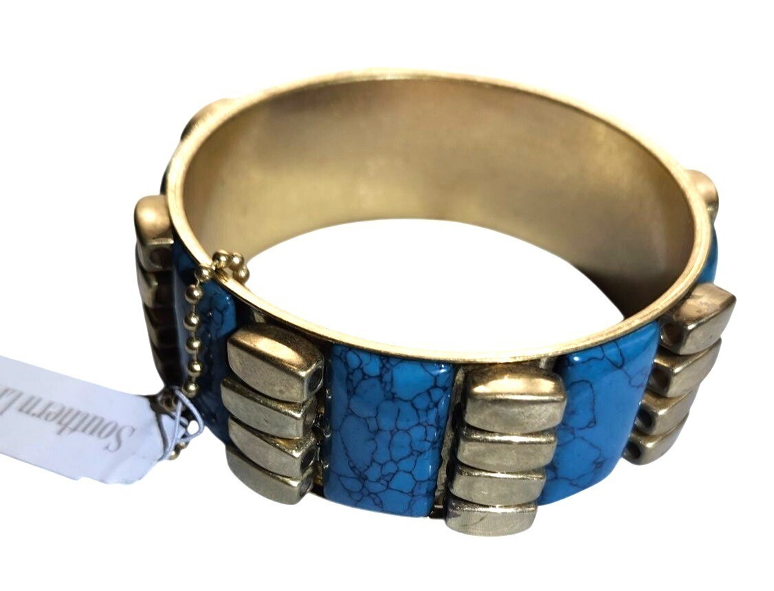 Vintage Brass & Faux Turquoise Bangle Bracelet 2.5″ Diameter Bold Statement Jewe