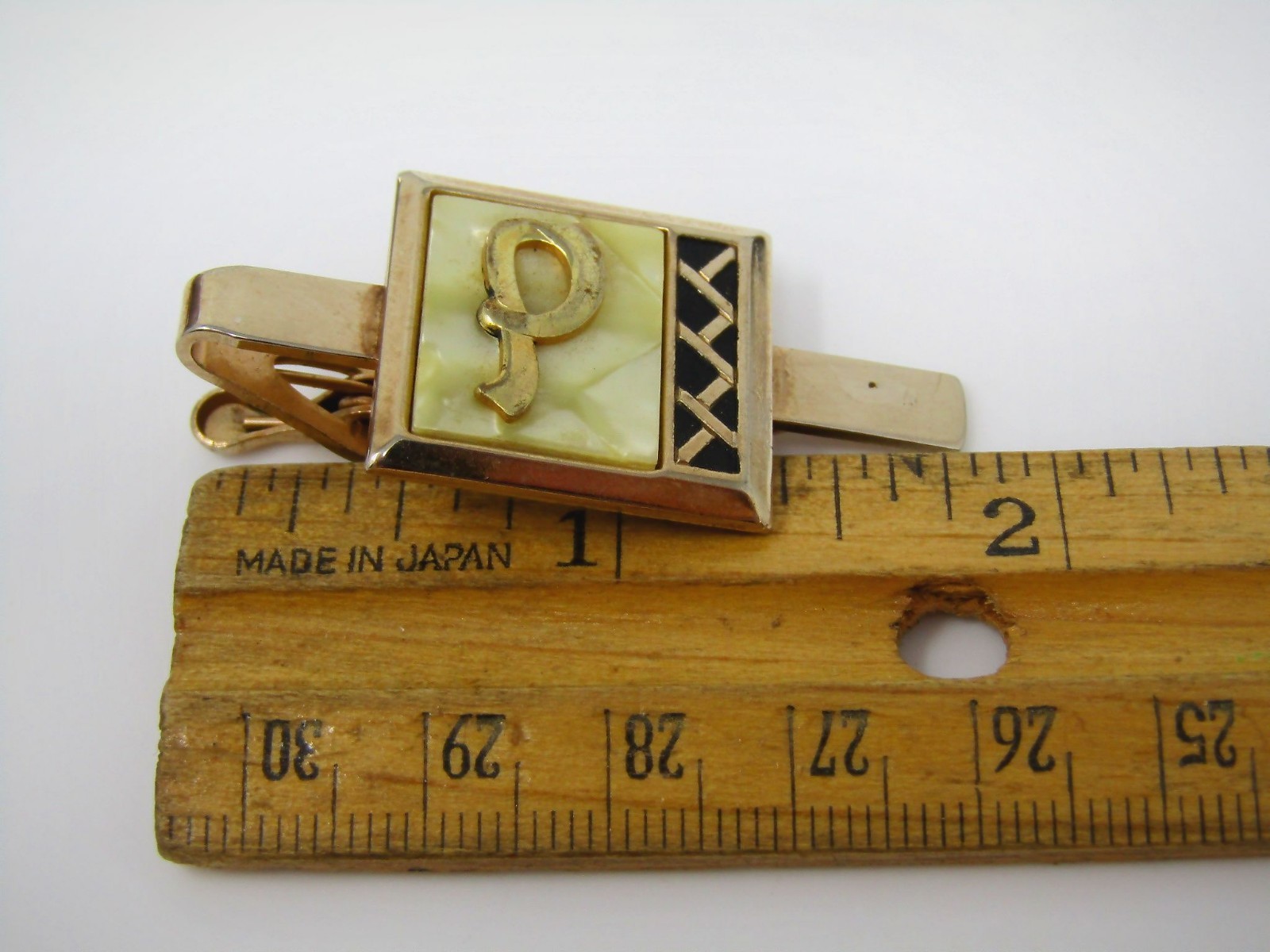 Vintage Letter P Monogram Tie Bar Clip Gold Tone Mother of Pearl Black Enamel