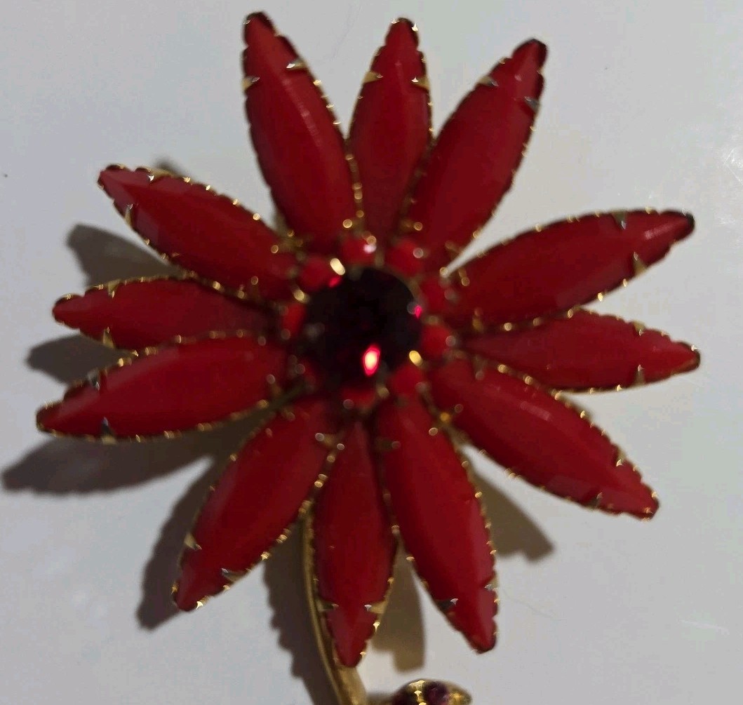 Vintage Red & Gold Lucite/Glass Flower Brooch Approximately 3-1/2 Inch