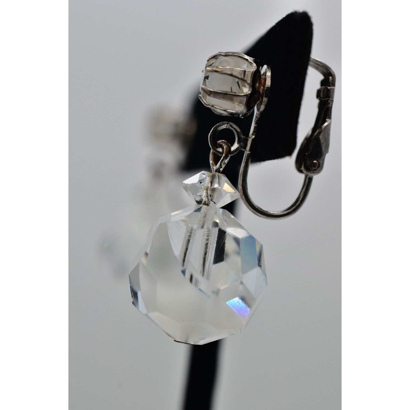 Vintage Crystal Clip On Earrings Silver Dangle Clear Ball Drop Glam 1950s A24