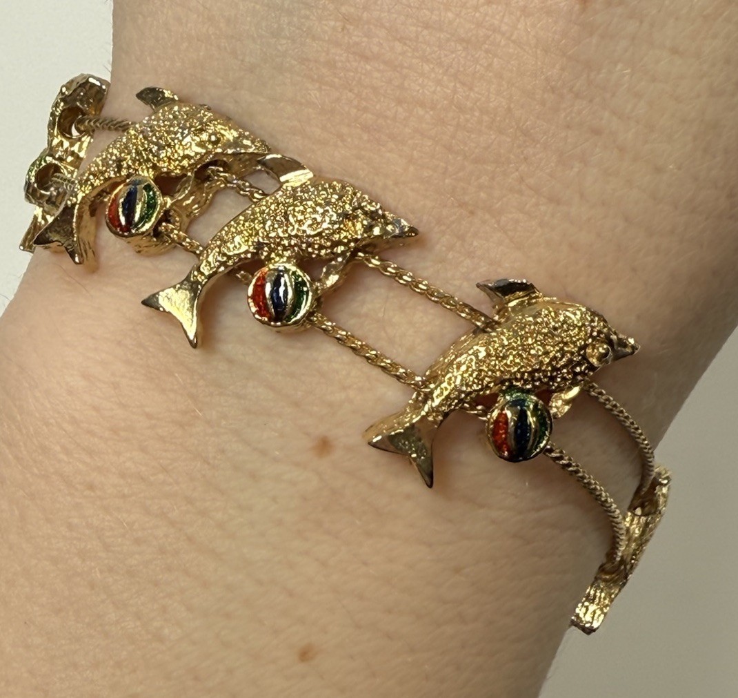 Vintage Gold Tone Dolphin Beach Ball Slider Charm 7.5” Bracelet Slide Charms