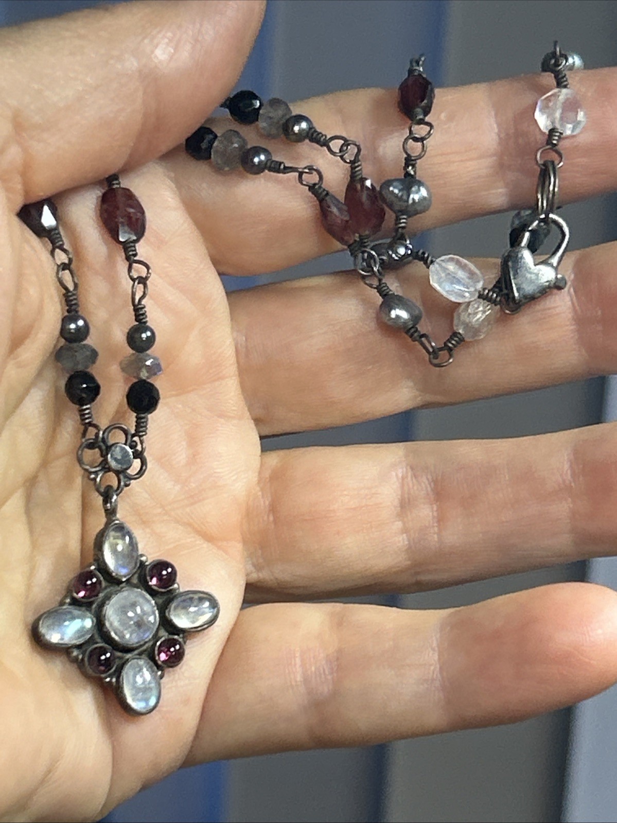 34. Vintage 925 Sterling Wire Wrapped Multi Gemstone Link Cross Necklace 16″