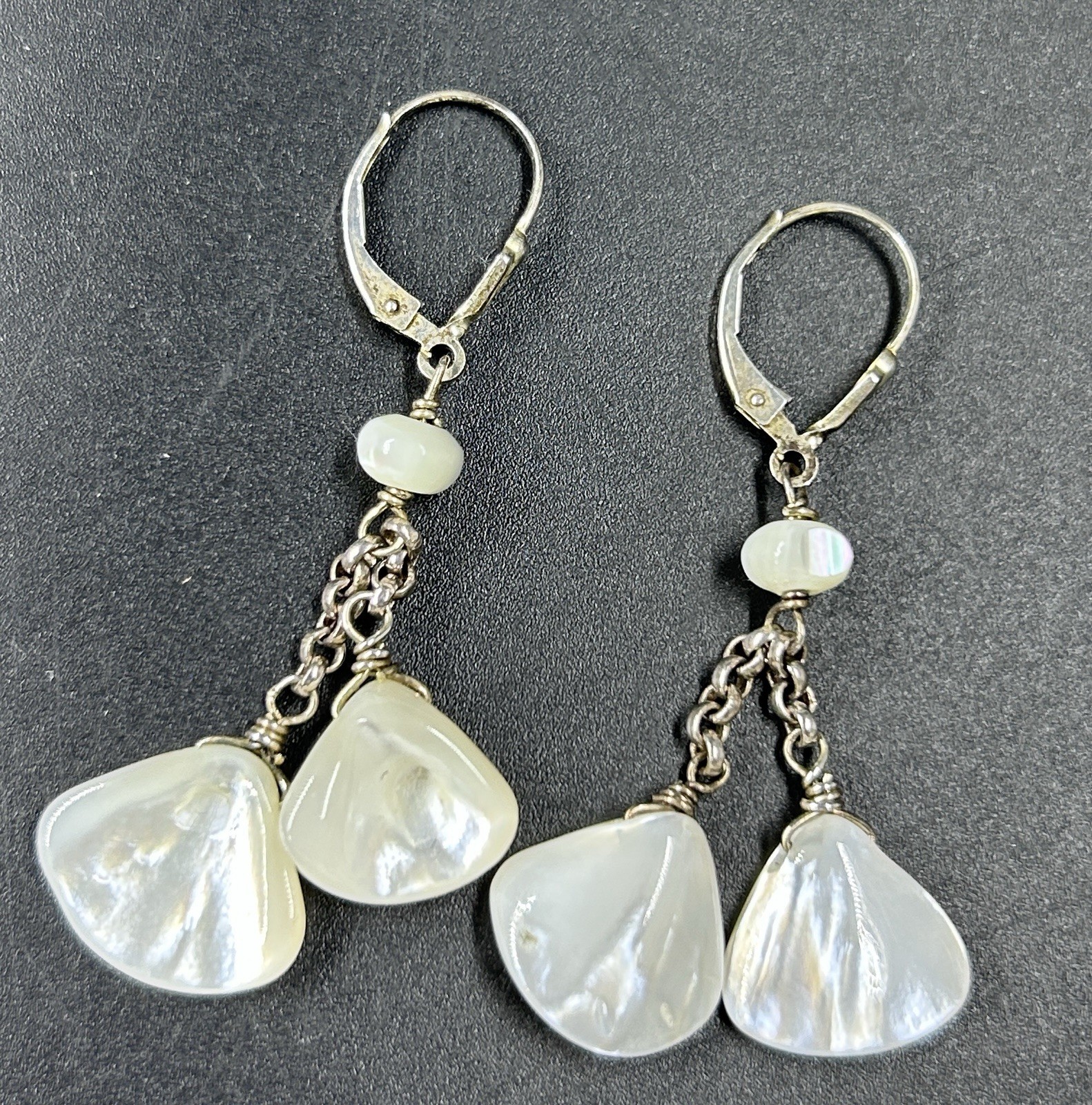 Vtg JRI Sterling Silver 925 Mother Of Pearl Double Strand Dangle Drop Earrings