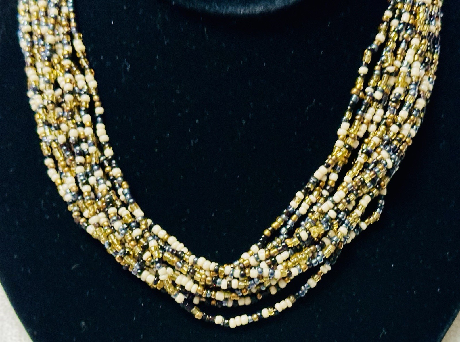 Vintage Black White Brown Seed Bead Multi Strand Torsade Necklace n0185