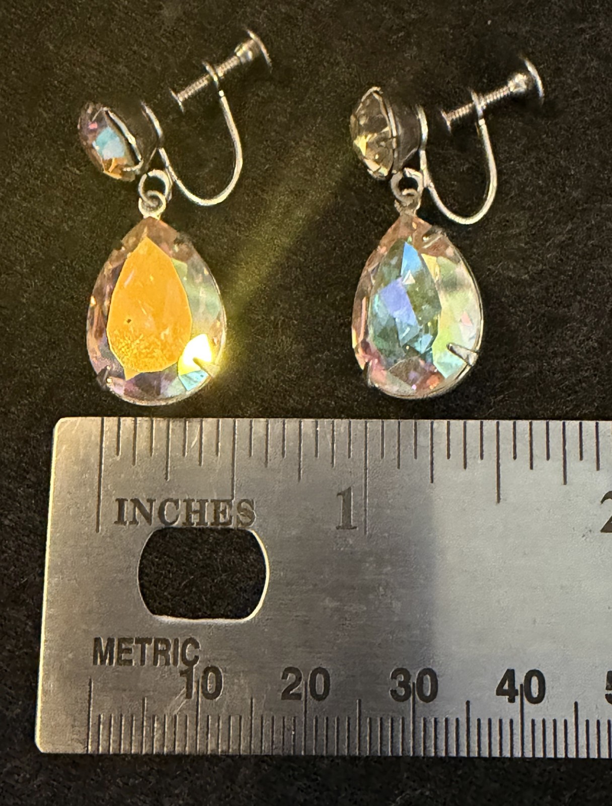 Vintage Faceted Aurora Borealis Crystal Pear Drop Dangle Earrings Screwback
