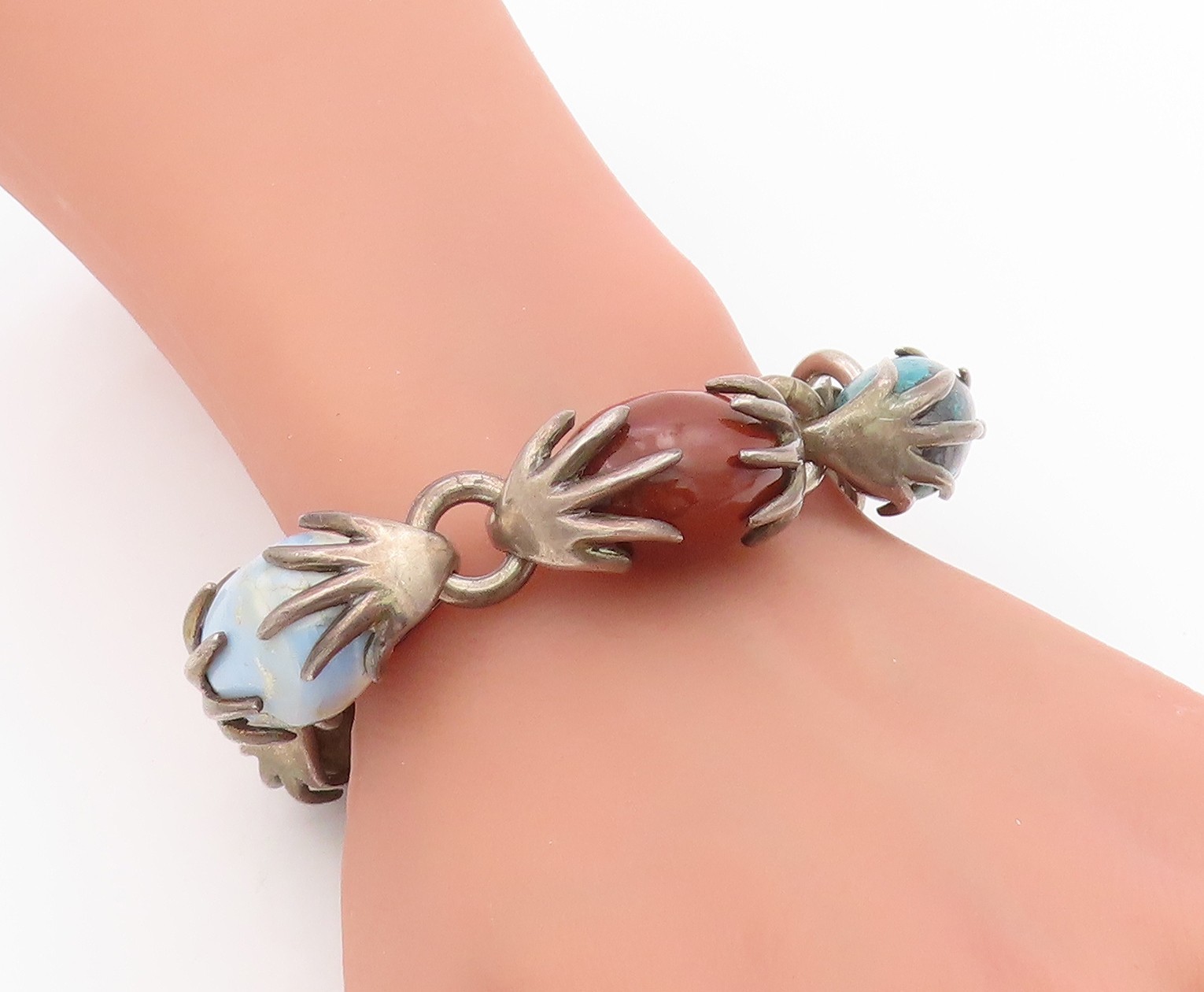 925 Sterling Silver Vintage Bracelet LOS CASTILLO Multi Gemstone Chain BT11519