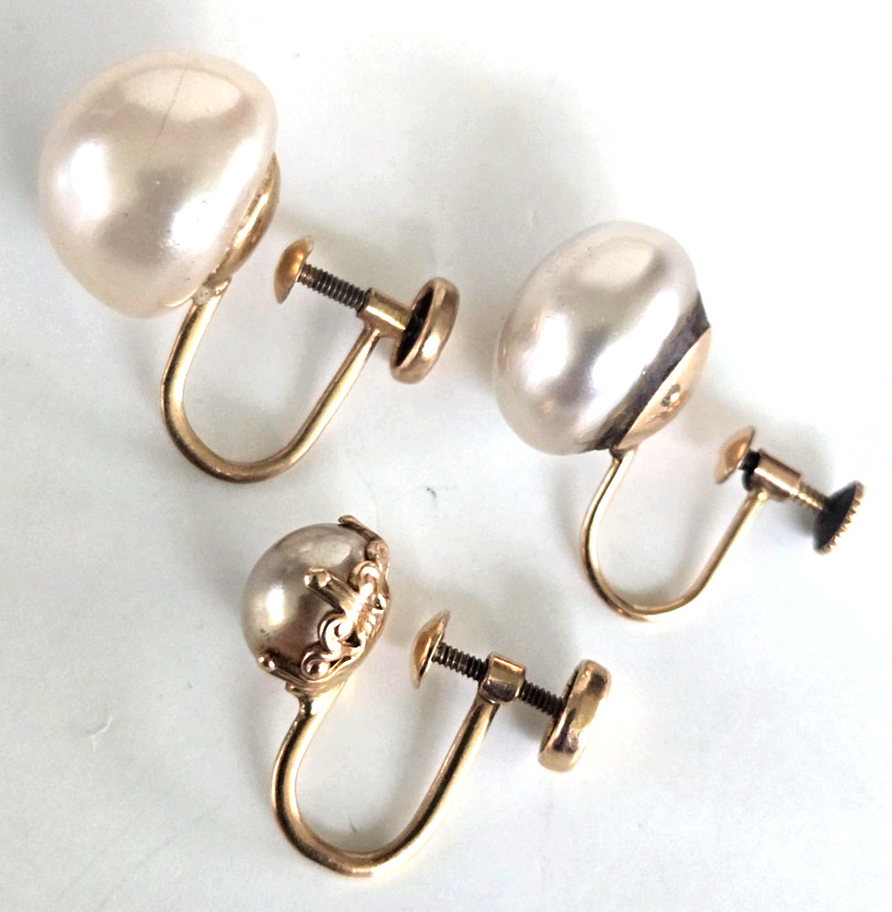 3 Vintage 10K Signed BDA S & G Faux Pearl Single Screw Back Earrings 4.95grams
