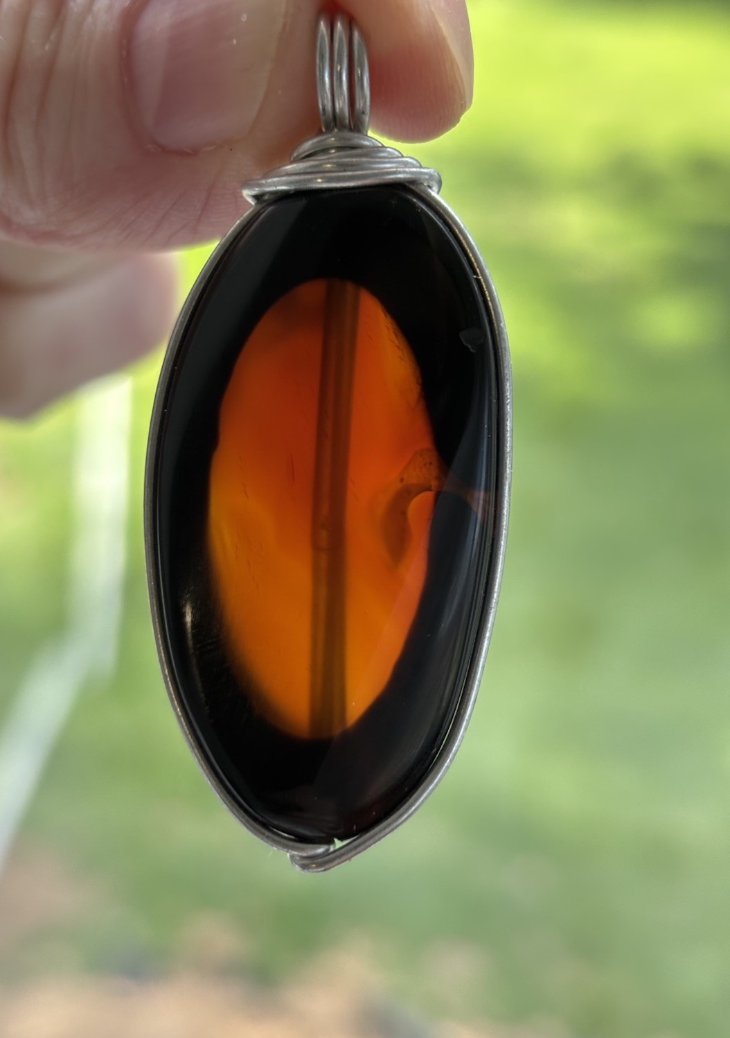 Handmade Wire Wrapped Pendant Dk Amber Orange Translucent Stone or Glass Artisan