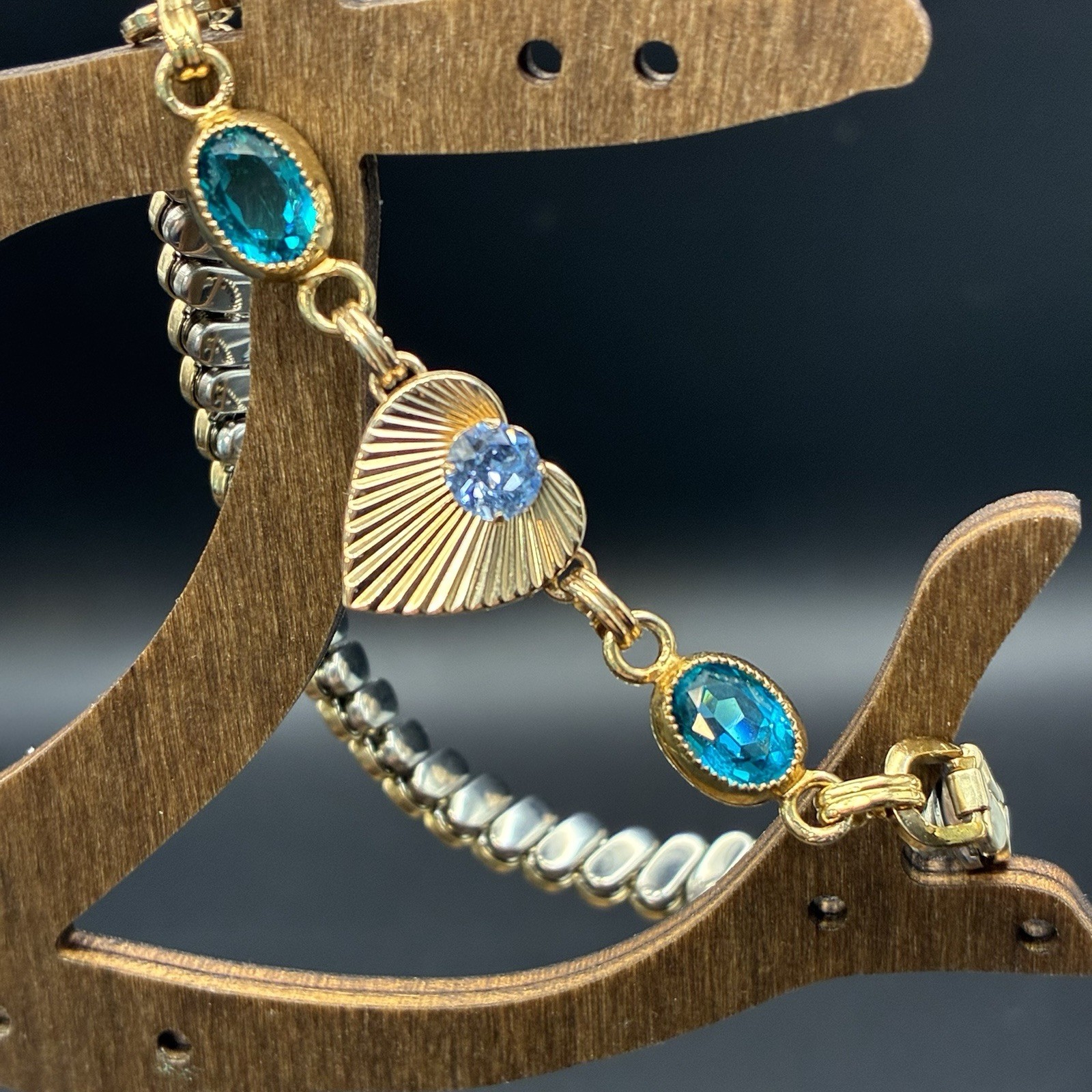 Custom Vintage Yellow Gold Filled Expansion Bracelet,Blue Glass Gems, Watch Band
