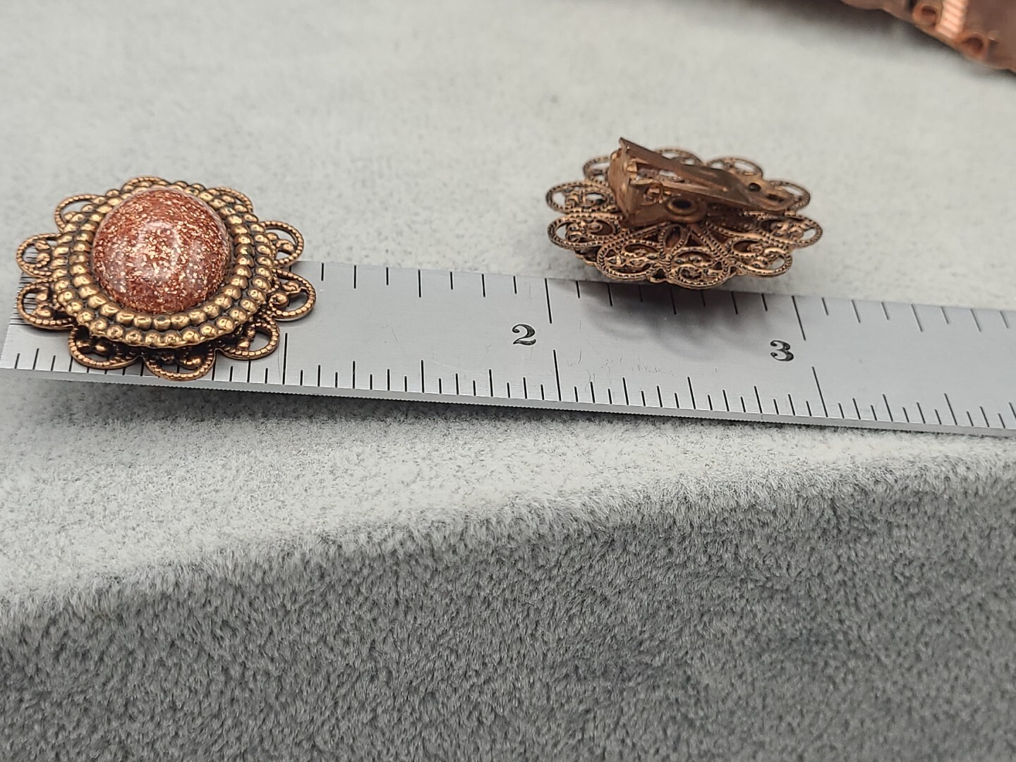 Stunning Vintage Copper & GoldStone Bracelet 7 3/4″ & Earrings Ornate Metalwork