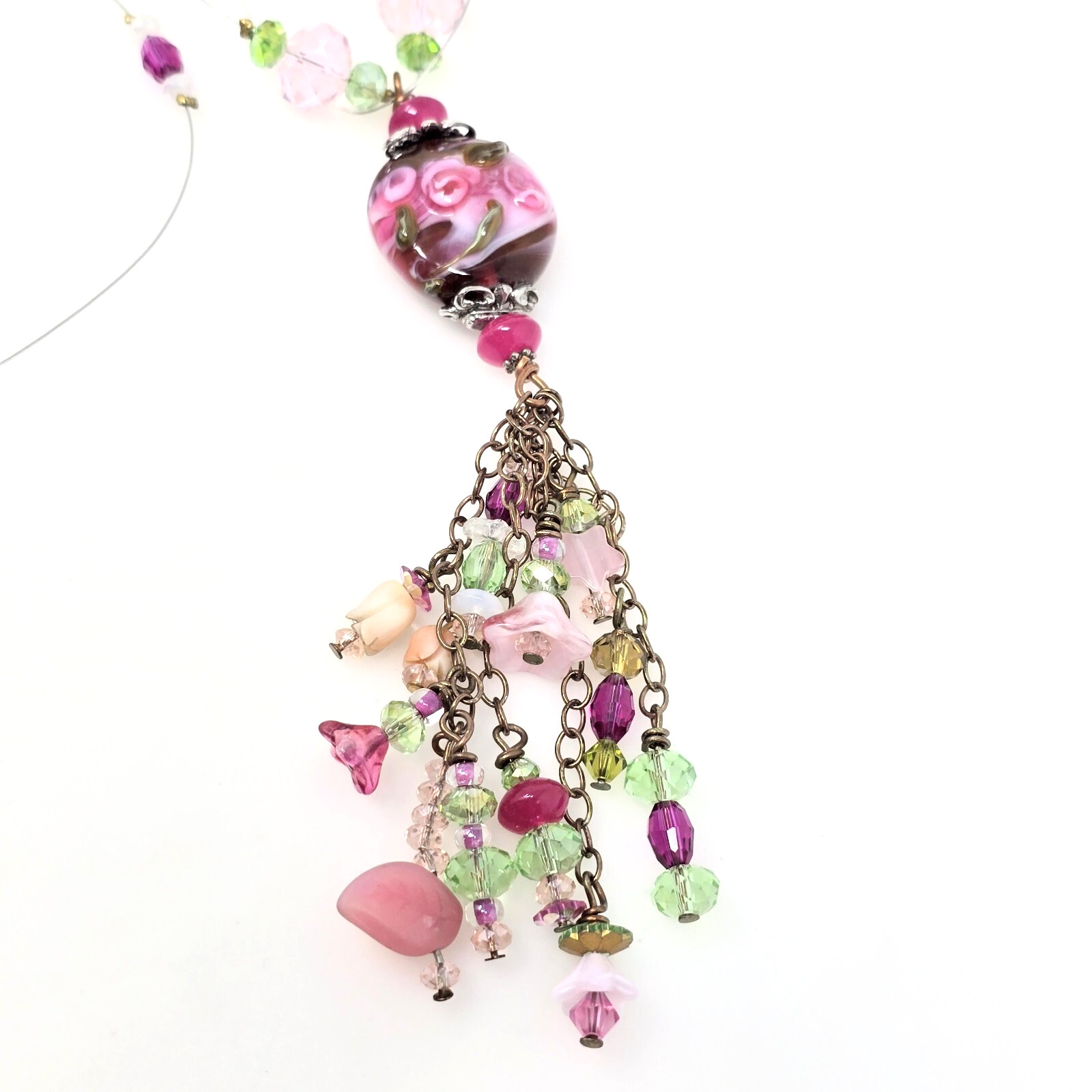Handmade Y Necklace Large Lampwork Glass Pendant with Pink Faceted Crystal Beads