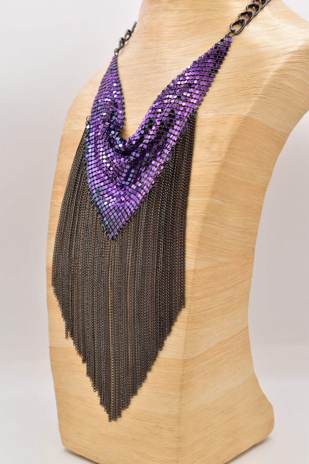 Vintage Purple Iridescent Mesh Fringe Bib Necklace Gunmetal Chainmail 70s BinBC