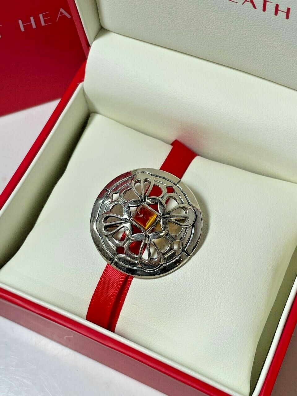 NIB Gift Kit Health KH95 Celtic Amber Sterling Silver 925 Filigree Brooch