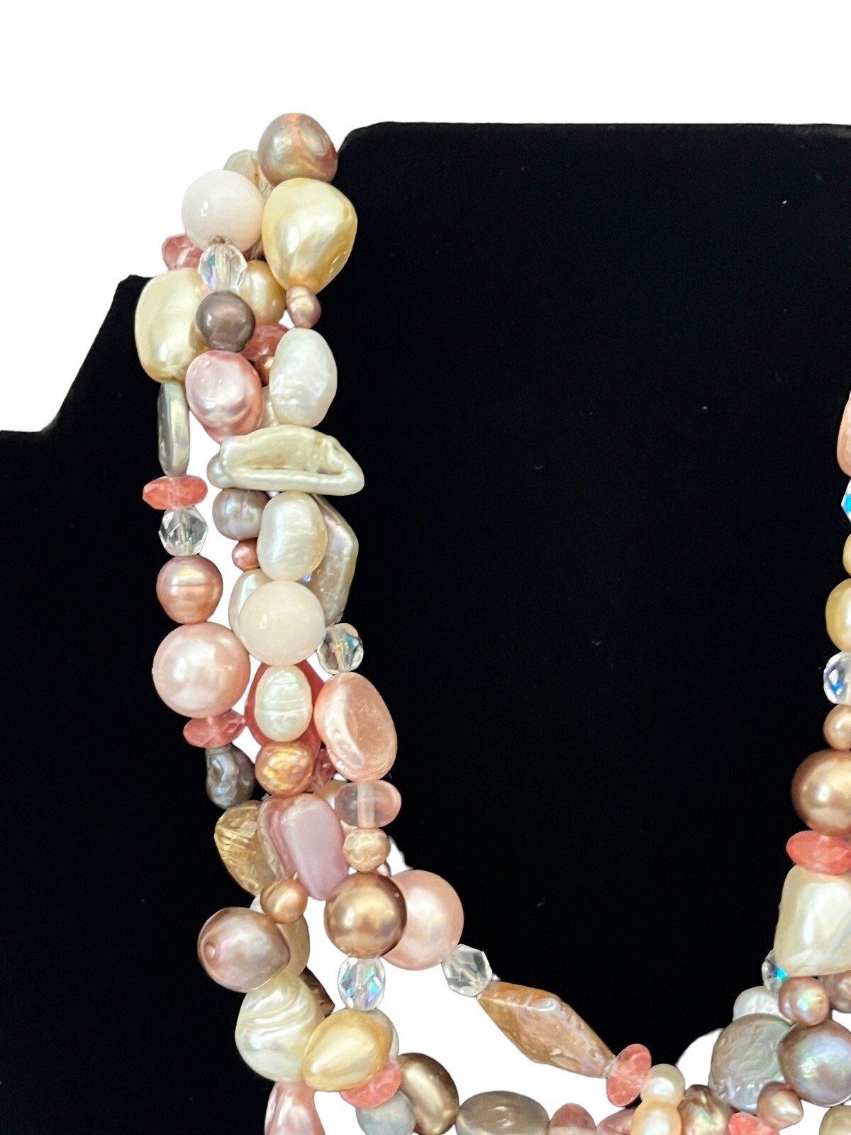 Vintage Faux Pearl Necklace 3 Strands Box Tab Clasp Made In India Pink Choker