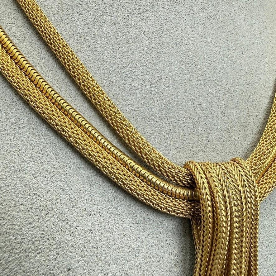 Vintage Gold Tone Mesh Chain Necklace Tassel Crystals 17″ Statement Adjustable