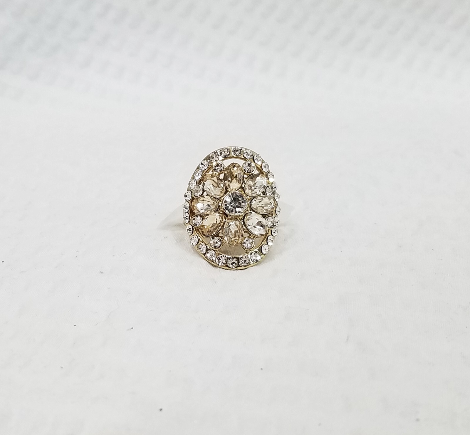 Vintage Gold Tone Clear & Champagne Crystal Domed Oval Adjustable Cocktail Ring