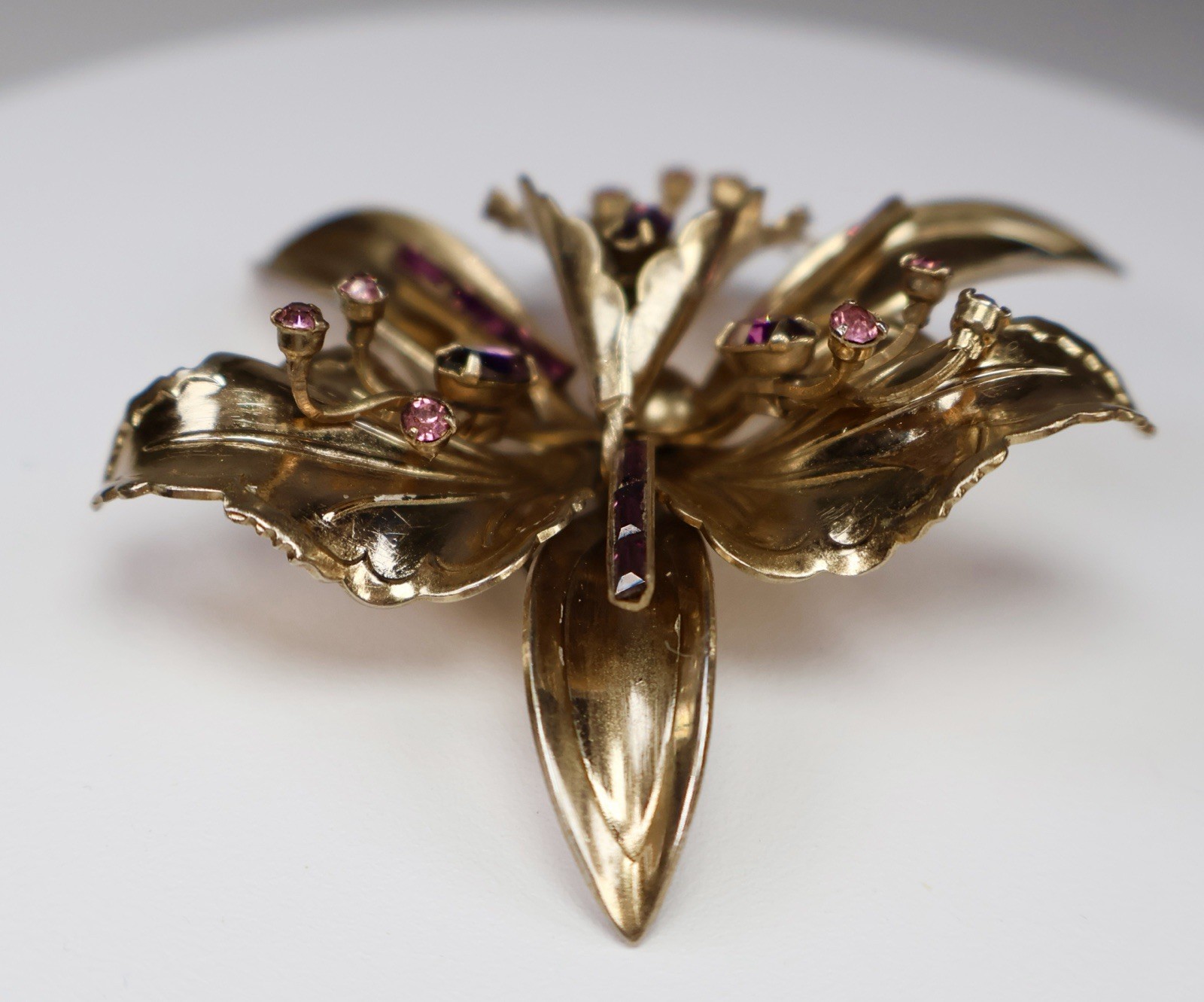 Vintage Iris Orchid Brooch Purple Rhinestones Baguettes Round Gold Tone Flower