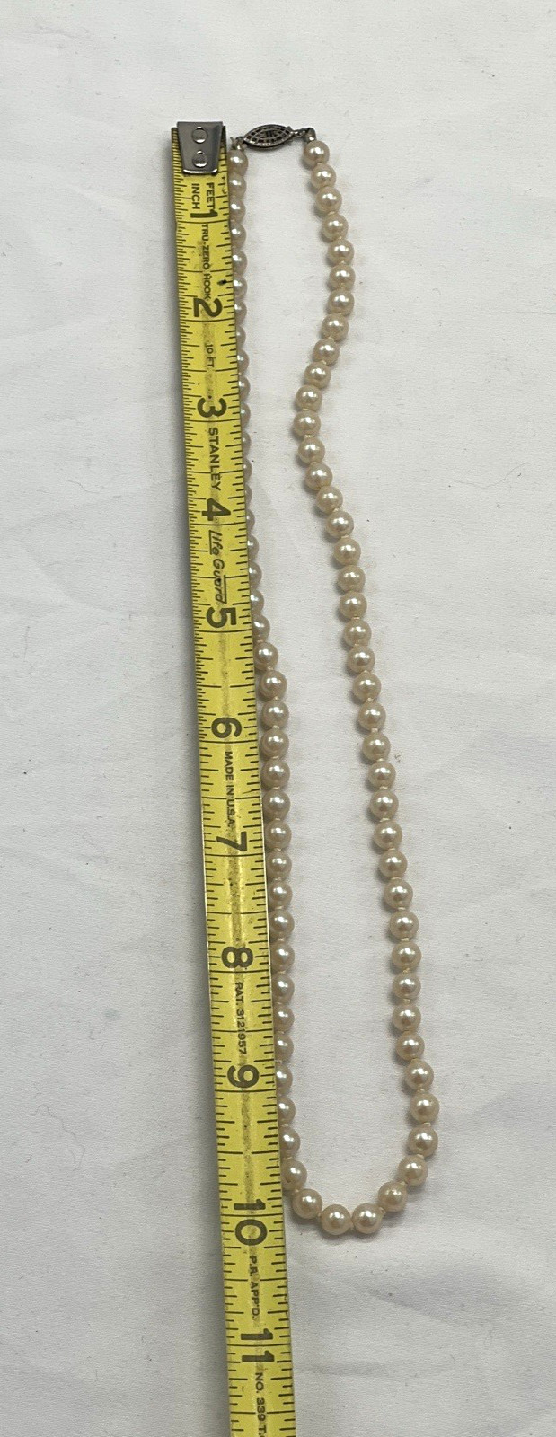 Antique/Vintage Hand Knotted Faux Pearl Necklace Sterling Fish Hook Filigree Cla