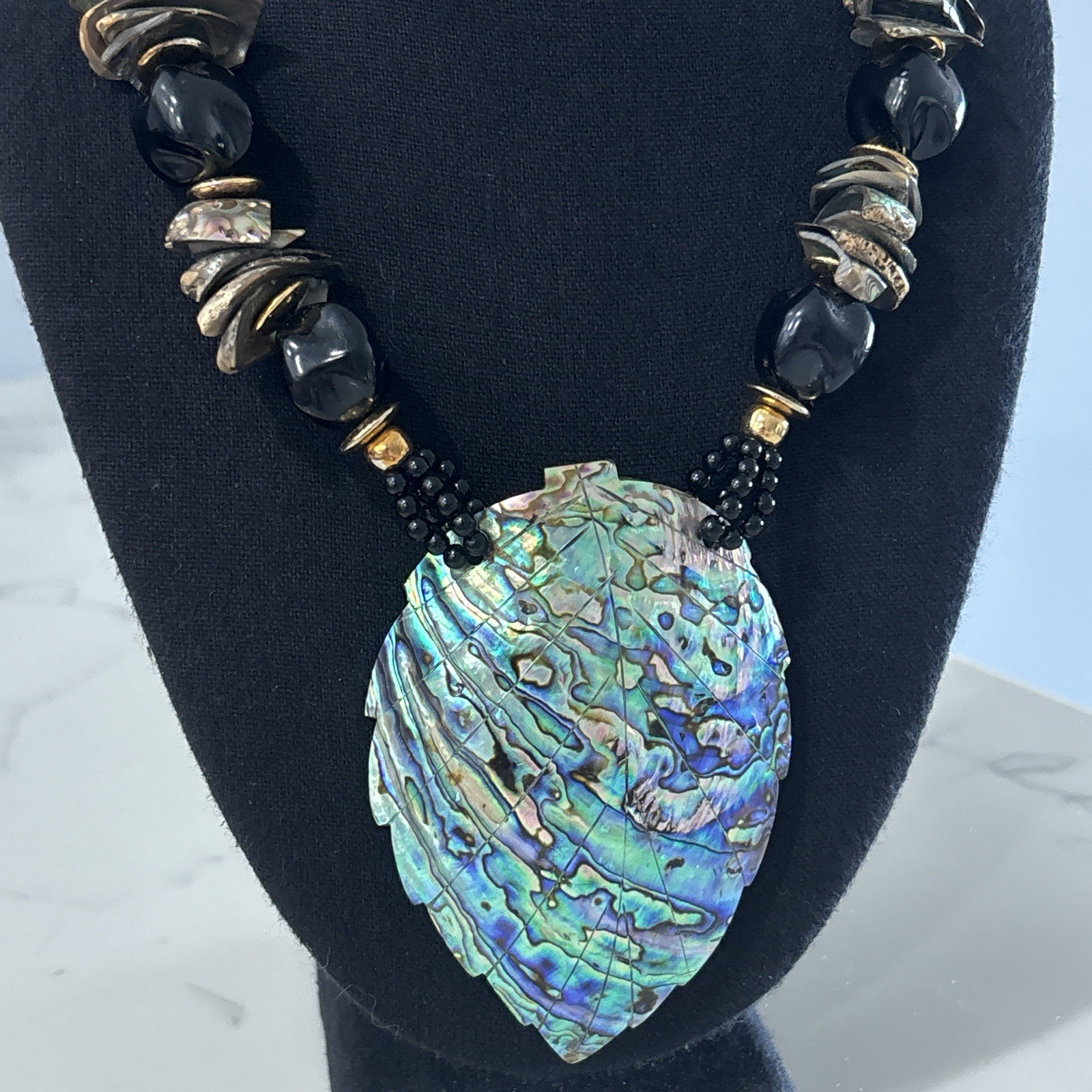 Vintage Beaded Statement Necklace Carved Abalone Shell Leaf Boho Black 80s 90s