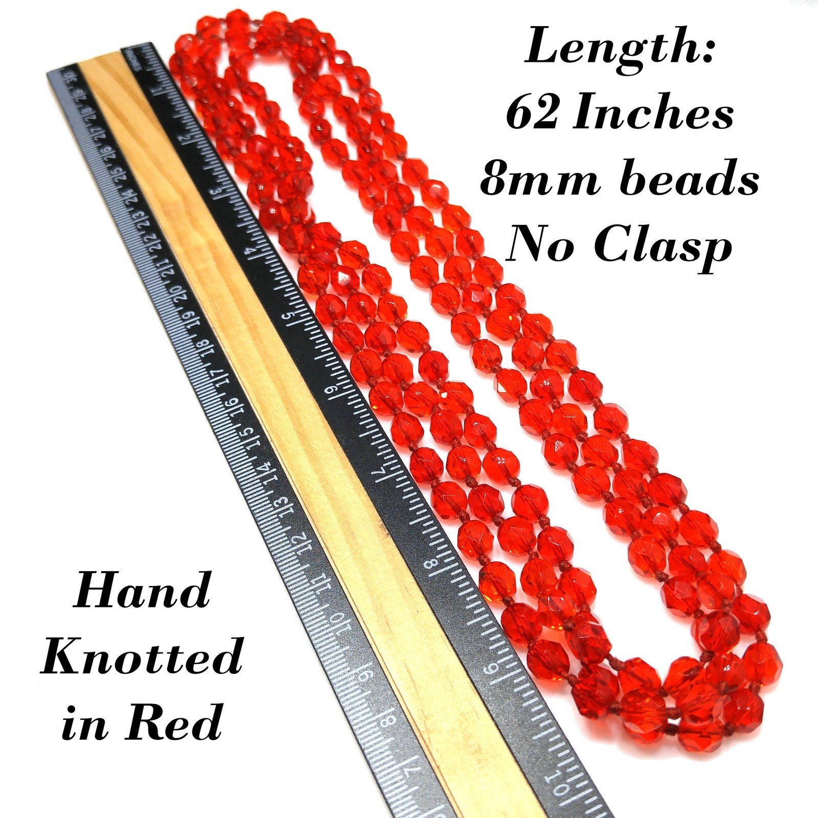 Vintage Red Crystal Hand Knotted Long Necklace, 62 Inches, No Clasp, Vintage