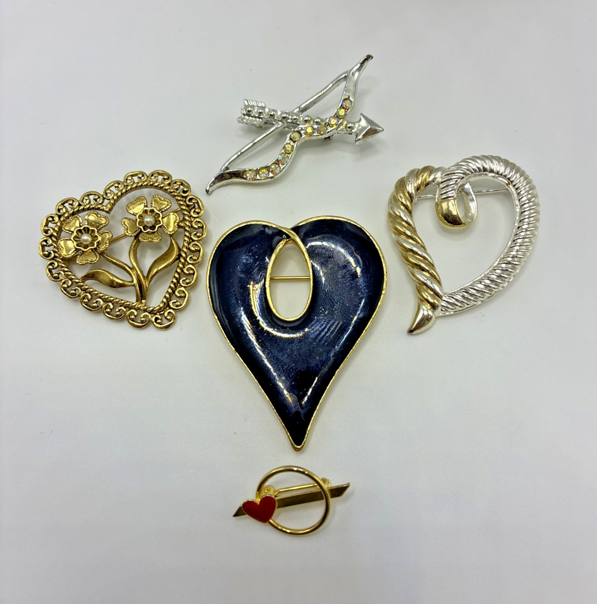 Brooch Lot Hearts Vintage Rhinestone Enamel Love Flowers Cottage Grandma Core