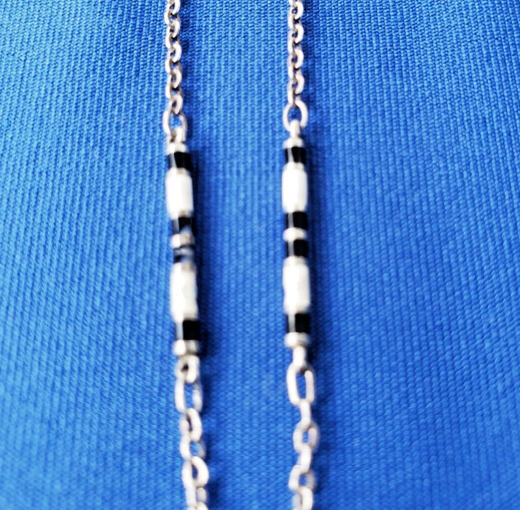 ORIGINAL Deco Guilloche Enamel STERLING SILVER 925 Necklace Antique Chain 24″ IN