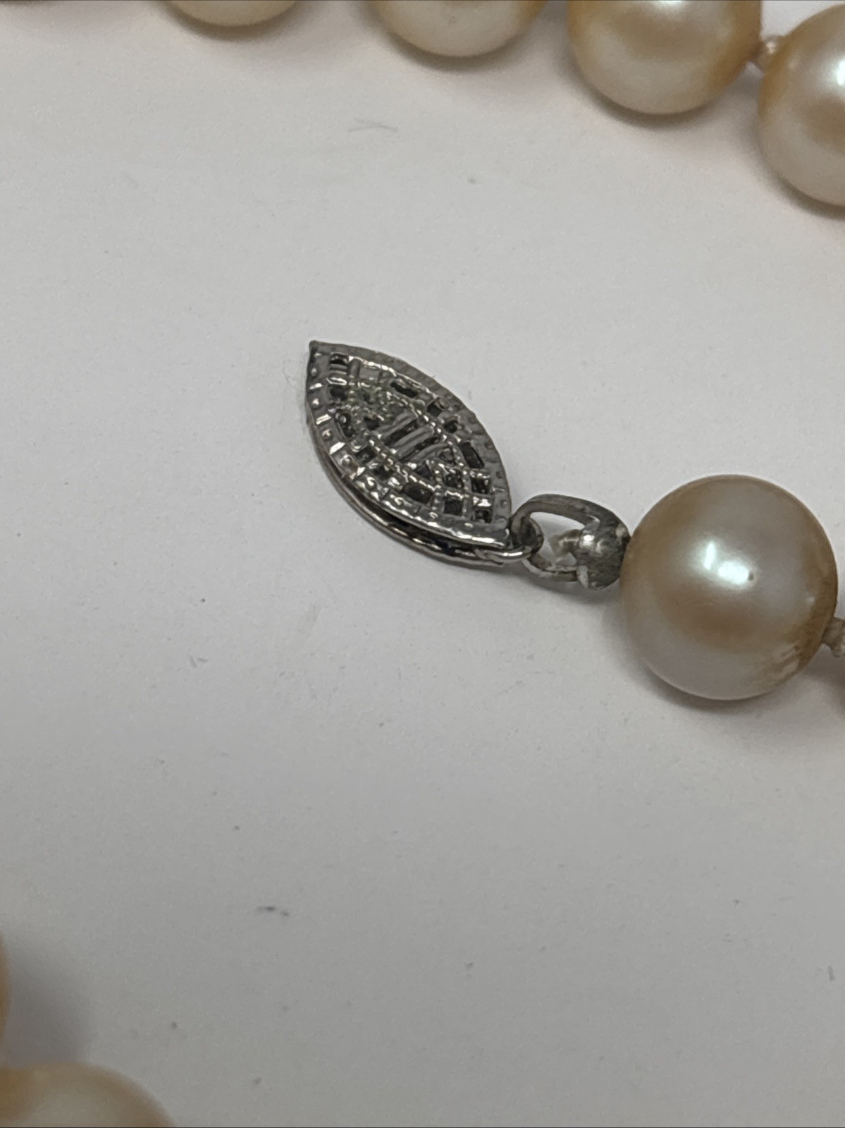 Vintage Art Deco Faux Pearl Necklace Sterling Filigree Fish Hook Clasp