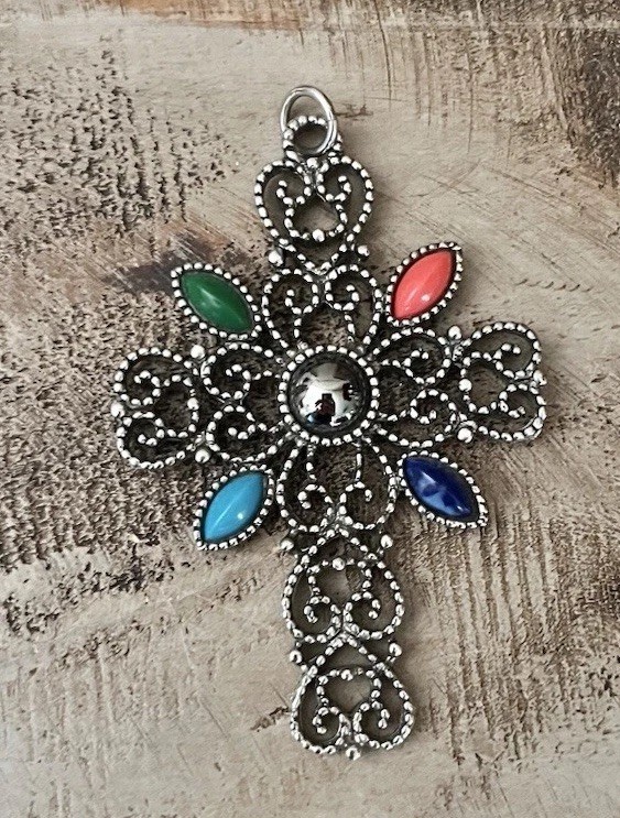Vintage Avon Romanesque Cross 3” Pendant 1970s Silver Filigree Multicolor Stone