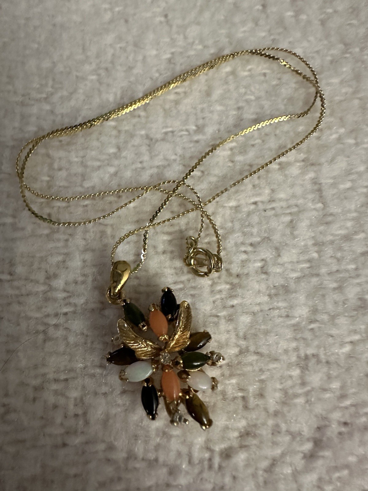 Gold Tone Gemstone Pendant Necklace Vintage Jade Coral Tigers Eye Opal