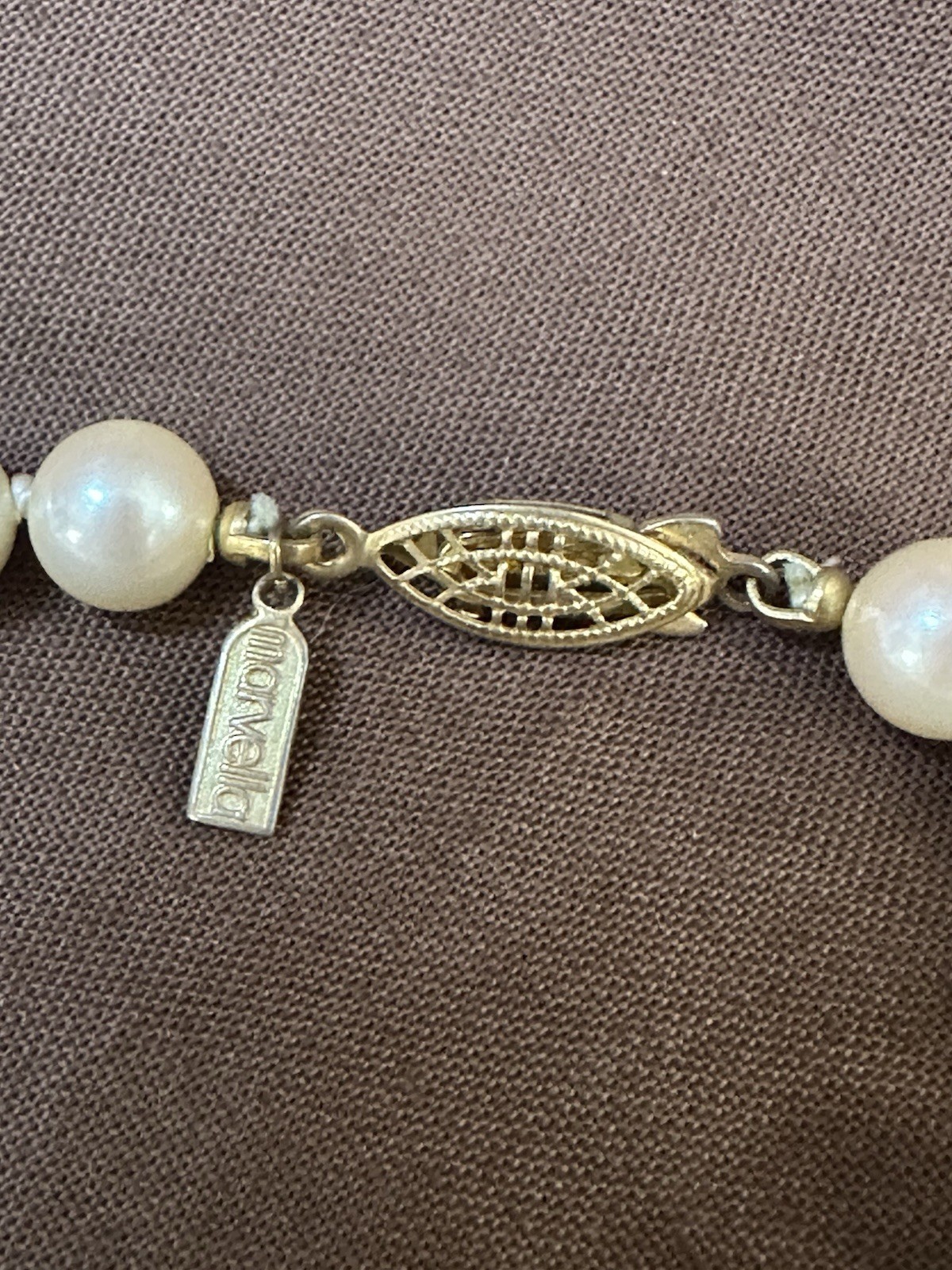 Vintage Marvella Hand Knotted Faux Pearl Necklace, Gold Tone Fish Hook Clasp, 15