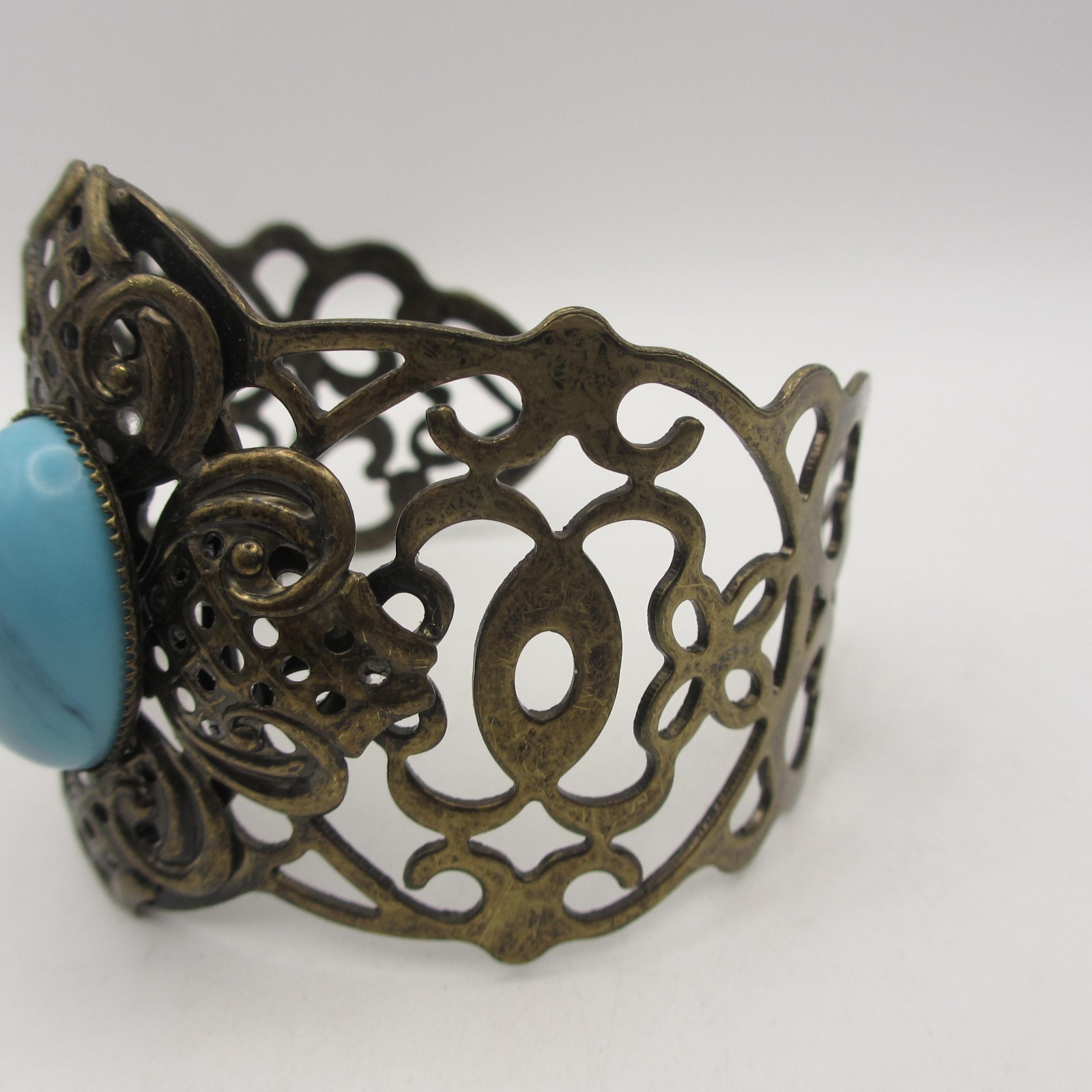 Vintage Open Cuff Bracelet Filigree Bronze Tone Blue Cabochon Statement