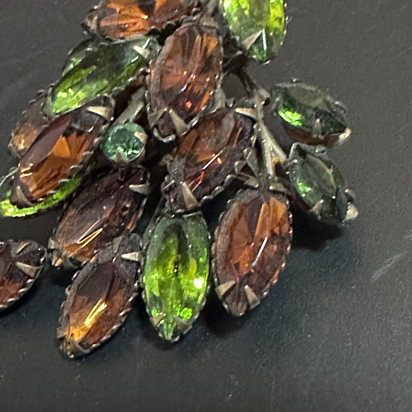Vintage Rhinestone Brooch – Fall Colors Amber & Green Leaf 1940s