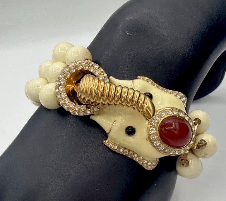 Vintage Ciner Elephant Bracelet Ivory Beads Red Cabochon Gold Tone Rhinestone