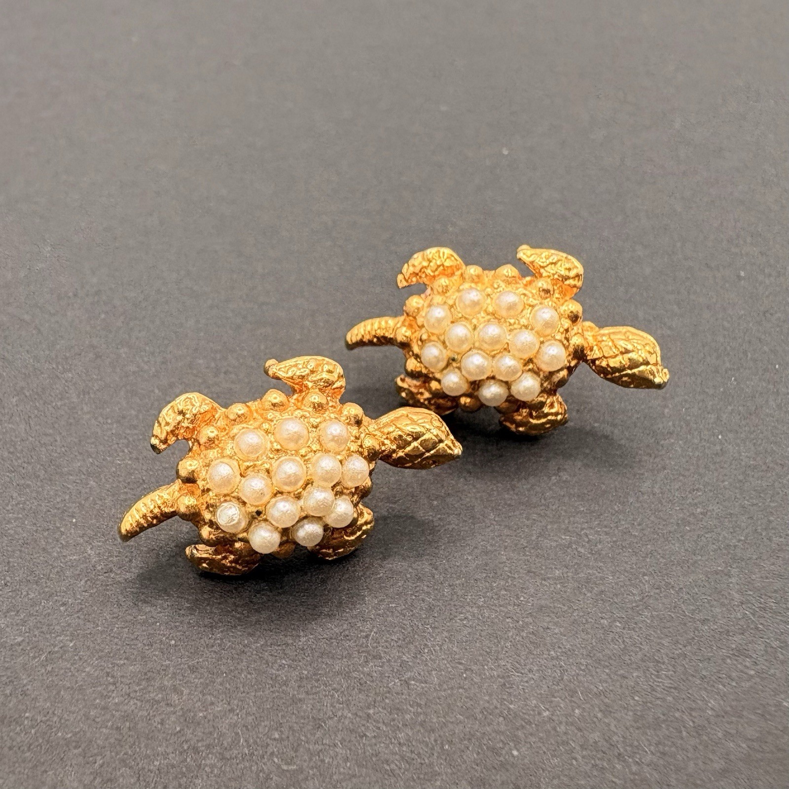 Vintage Lot of 2 Turtle Faux Pearl Brooch Pins Gold Tone Dainty Tiny